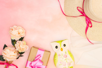 Femininity and girly stylish and trendy pastel pink colored accessories and decoration 