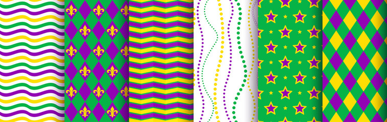 Mardi gras background, seamless pattern set. Pattern swatches included in the Swatches panel