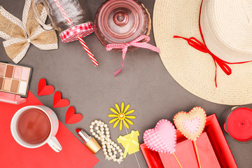Romantic and femininity red colored trendy and stylish accessories and decorations