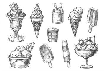 Set of isolated ice cream sketch. Ice-cream