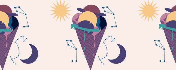 horizontal border with purple ice cream and planets and galaxy