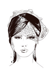 Beautiful young woman. Fashion sketch. Fashion girls face with veil. Hand-drawn fashion model. Woman face on a white background.