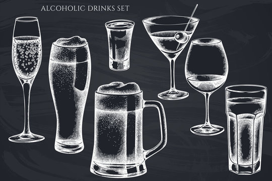 Vector set of hand drawn chalk glass, mug of beer, alcohol shot, glass of champagne, glass of wine, glass of martini