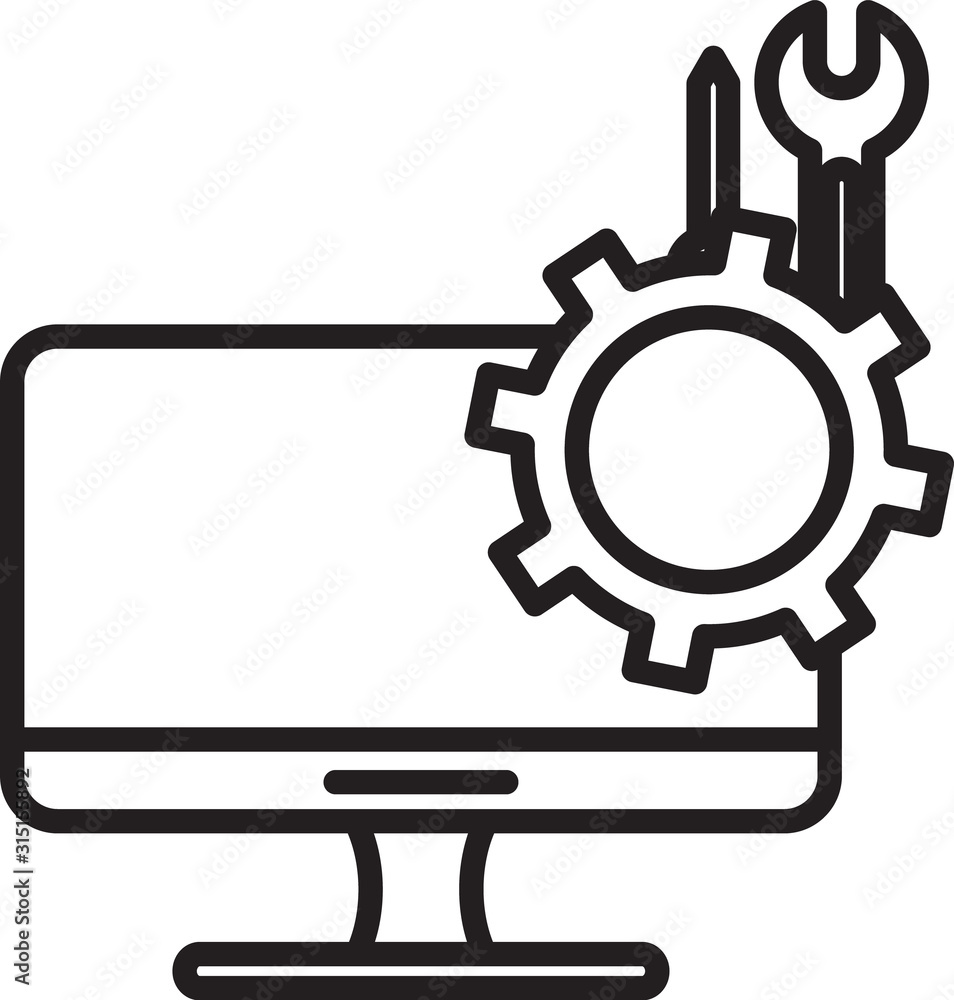 Poster black line computer monitor with screwdriver and wrench icon isolated on white background. adjusting