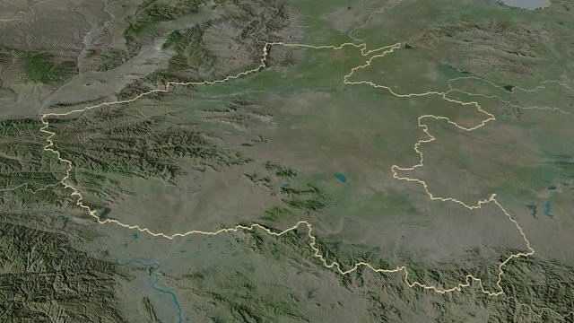 Henan, province with its capital, zoomed and extruded on the satellite map of China in the conformal Stereographic projection. Animation 3D