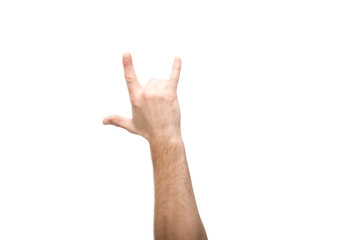 cropped view of man showing rock sign isolated on white