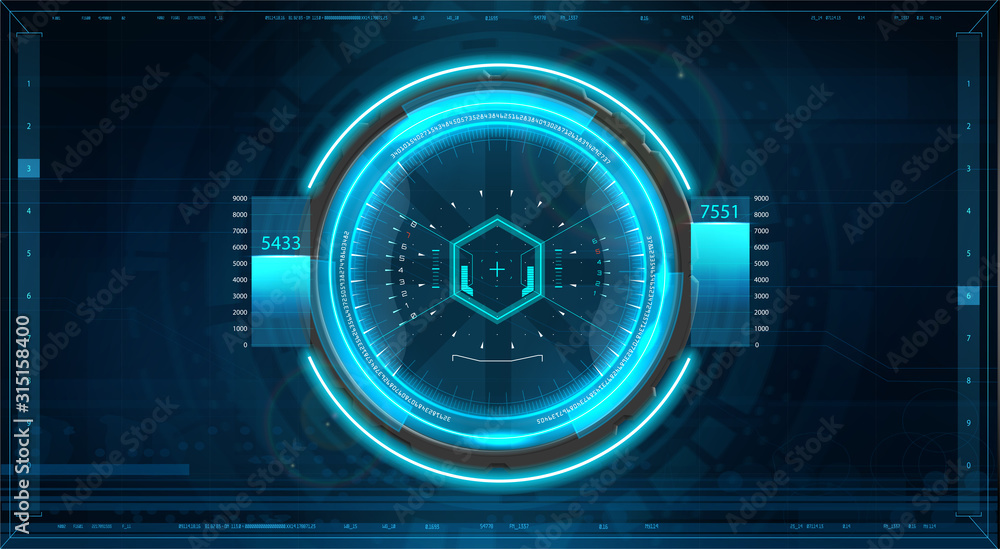 Poster Futuristic GUI aim system of sniper weapon or futuristic game target. Game, Future Control Center Display. Camera viewfinder. Sci-fi futuristic spaceship crosshair. Aim military technology HUD