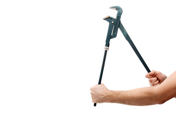 cropped view of man holding pliers isolated on white