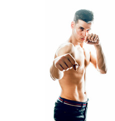 Fototapeta premium young handsome agressive man boxing isolared on white background, lifestyle sport people concept