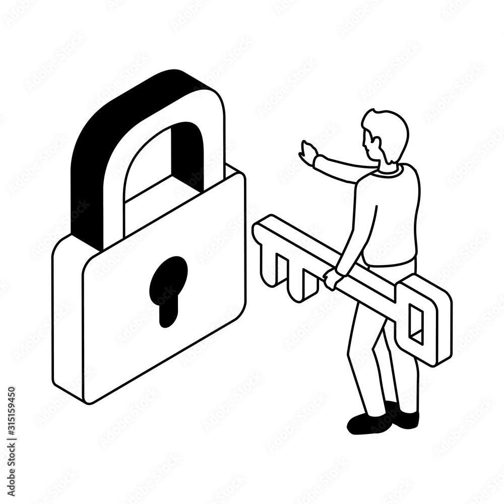 Poster man with security padlock and key on white background