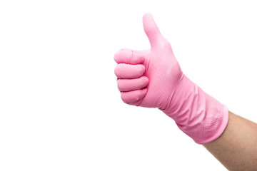 cropped view of man in rubber glove showing like gesture isolated on white