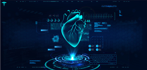 Modern medical cardiology technology. Medical interface for monitoring the scanning and analysis of heart disease. Healthcare concept. Hologram heart with interface, ultrasound and cardiogram. Vector - obrazy, fototapety, plakaty