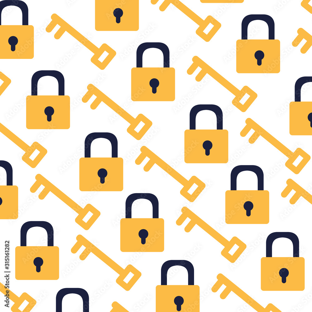 Poster pattern of security padlock with key on white background