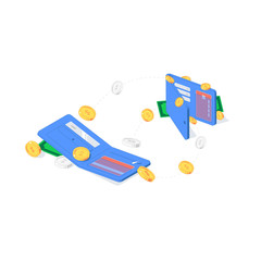 Isometric money transfer between wallets. Vector illustration of flying gold and silver coins. Cash flow