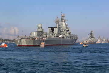 Moscow missile cruiser at a rehearsal of the Navy Day parade in Sevastopol Bay, Crimea
