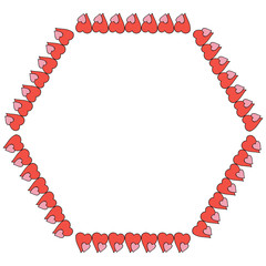 The frame is a polygon with red and pink hearts. Isolated frame on white background for your design.