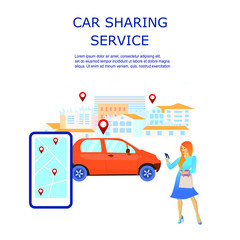 Fototapeta na wymiar Illustration for car sharing service. Rent a car using mobile application. Girl using a car pool. Woman hold shopping bag and a phone. City life illustrarion. Web banner or landing pag template. 