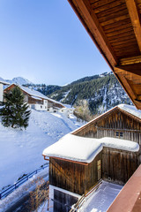 winter in mountains with lots of snow, bright blue sky