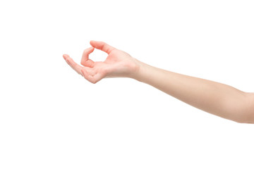 cropped view of woman showing ok gesture isolated on white