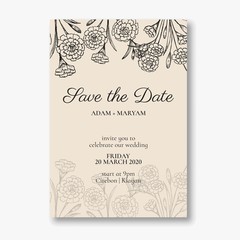 wedding invitation minimalist card design style with beauty doodle hand drawn carnation flower ornament outline vintage frame background mockup template vector illustration