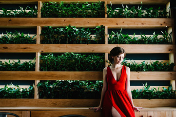 Brunette girl in evening red dress for graduation. On background wooden of shelves with green...