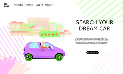 Web page template for car seller service advertising. Girl sitting in  the car. City scape. Modern landing page for mobile app. Business website concept. Searching your dream car.