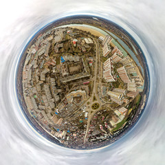 air drone panorama small planet view over the street of the 70th anniversary of the October Revolution (Yubileiny microdistrict. Krasnodar, South of Russia)