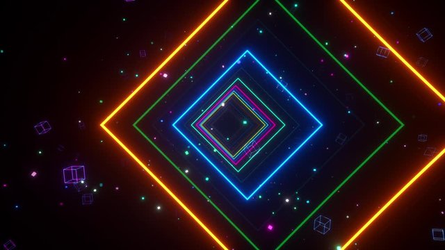 An endless tunnel of luminous multicolored neon squares for music videos, night clubs, LED screens, projection show, video mapping, audiovisual performance, fashion events. Seamless loop 3d render