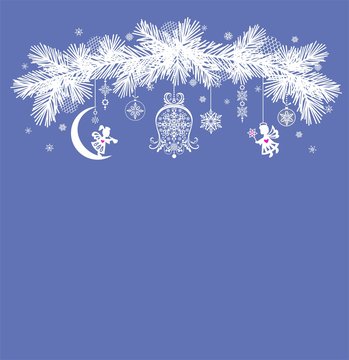 Christmas arch with fir tree paper cutting white branches with hanging angels and snowflakes on the blue-gray background. New Year holidays retro concept with space for text