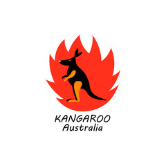 Fire in Australia. Pray for Australia and animals. Vector drawing of a Kangaroo on a flame background