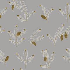 Seamless pattern of fir branches, conifer and cones.