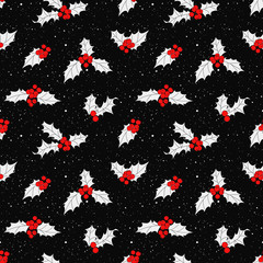 Seamless pattern with holly leaves and berries.
