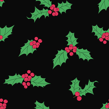Seamless pattern with holly leaves and berries. Dark black background and green leaves.