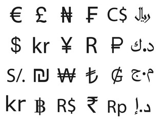 Currency symbol, icon set. Vector illustration, flat design.