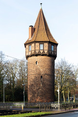 Fototapeta na wymiar Hannover, Lower Saxony, Germany - January 11, 2020: The Dšhrener Turm / Doehren Tower, was build in 1382 to protect the pass through a defensive dyke. It was burned in 1486 an rebuild in 1488