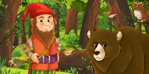 cartoon scene with happy dwarf in the forest near some owls birds - illustration for children