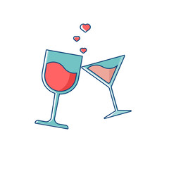 Love icon with clinking glasses. Romantic elements of wine and drink glasses. Valentines day sticker with symbols of cheers and romantic dating. Vector illusutration in flat design