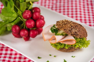 on a white plate lies a sliced bread roll filled with sausage, cheese and egg and as decoration a bunch of radishes