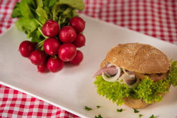 on a white plate lies a sliced bread roll filled with sausage, cheese and egg and as decoration a bunch of radishes
