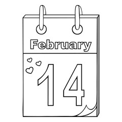 Valentines Day. The tear-off calendar is open on February 14th. Sketch. Outline on an isolated background. Vector illustration. Coloring book for children. Significant date for lovers. 