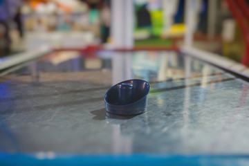 Air hockey game table. Close-up view.
