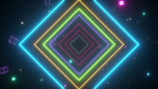 An endless tunnel of luminous multicolored neon squares for music videos, night clubs, LED screens, projection show, video mapping, audiovisual performance, fashion events. Seamless loop 3d render