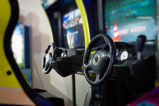 Racing simulator game in theme park.