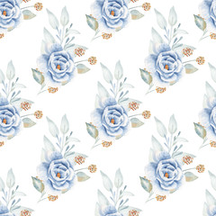 Blue rose flowers hand drawn aquarelle seamless pattern