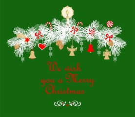 Christmas arch with fir tree paper cutting white branches with hanging baubles on the green background. New Year concept with space for text