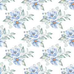 Blue roses watercolor hand drawn seamless pattern illustration