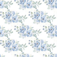 Blue roses and clover flowers watercolor hand drawn seamless pattern illustration