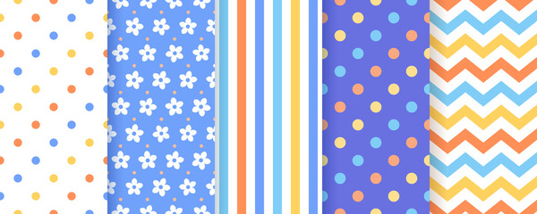 Scrapbook seamless pattern.. Vector. Cute backgrounds. Textures for scrap design. Chic paper with polka dot, stripe, zigzag, flower. Trendy blue yellow print. Color backdrop illustration.