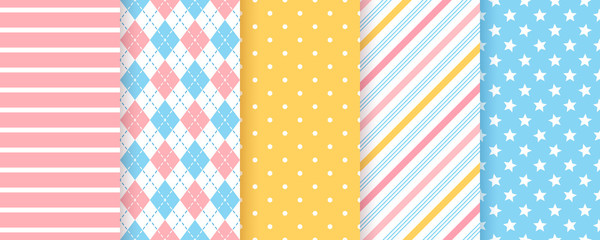 Scrapbook background. Vector. Seamless pattern. Cute textures for scrap design. Chic paper with polka dot, stripe, star, rhombus. Trendy pink blue print. Color illustration. Geometric backdrop.