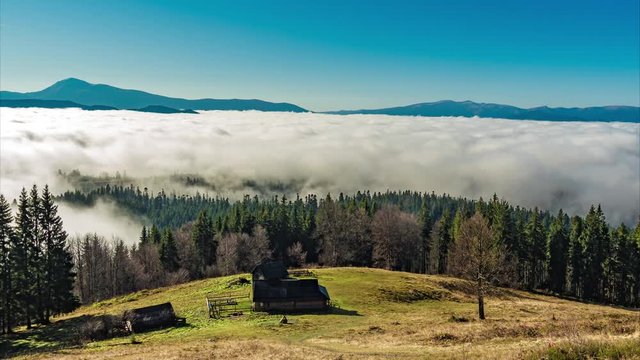 Carpathian mountains in fog waves top view